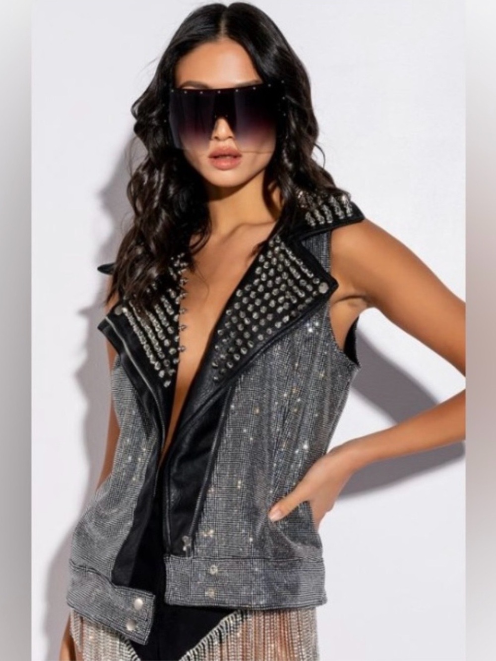 AKIRA Black and Silver Studded Sleeveless Moto Vest